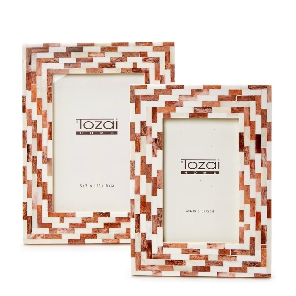2 PK Two's Company Jacobson Brick Mosaic Photo Frame Bone Resin 4x6 5x7 Brown